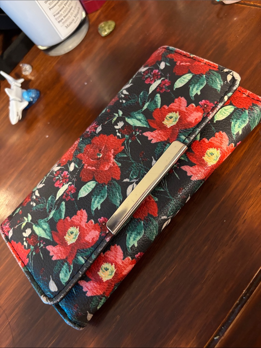 Floral Fold-Over Wallet Clutch in Black and Red